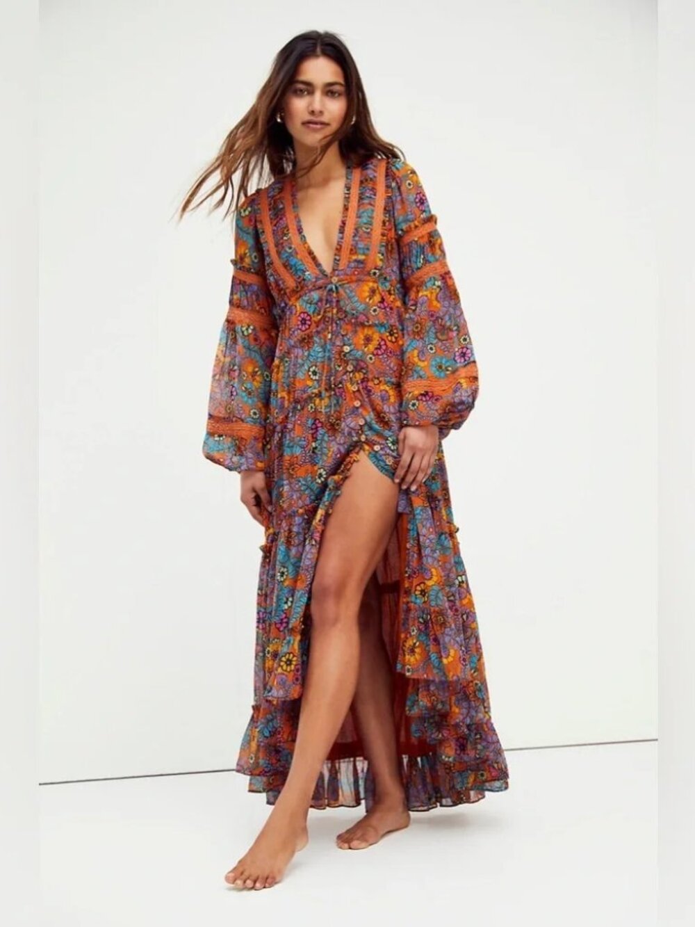 Free People Chiffon Boho FLoral Ruffle Lace Cassis Ruffle Maxi Tiered Dress NWOT